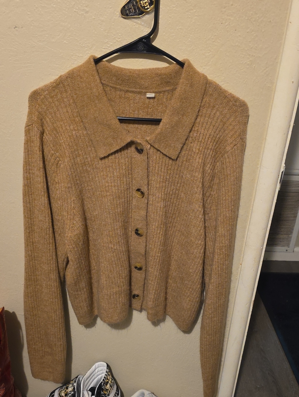 GAP Camel Ribbed Button-Up Collared Cardigan